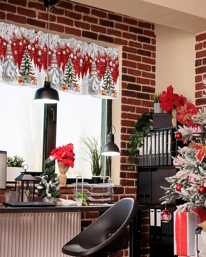 Christmas Gnome Valance Curtains for Kitchen Windows Winter Merry Christmas Tree Balls Rod Pocket Window Treatment Toppers for Kitchen/Living Room/Bedroom/Bathroom, 60" X 18", Red