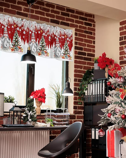 Christmas Gnome Valance Curtains for Kitchen Windows Winter Merry Christmas Tree Balls Rod Pocket Window Treatment Toppers for Kitchen/Living Room/Bedroom/Bathroom, 42" X 12", Red