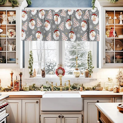 Grey Christmas Valance Curtains for Kitchen Windows Santa Claus Merry Christmas Tree Rod Pocket Window Treatment Toppers for Kitchen/Living Room/Bedroom/Bathroom, 42" X 12", Winter Snowflake