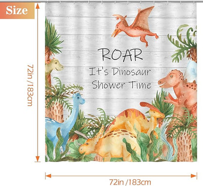 Aimego Cartoon Dinosaur Shower Curtain Yellow Cute Dino Animal Park Pattern Kids Shower Curtain Set with 12 Hooks for Bathroom Decor Accessories Bathtub Curtain, 72"x72"