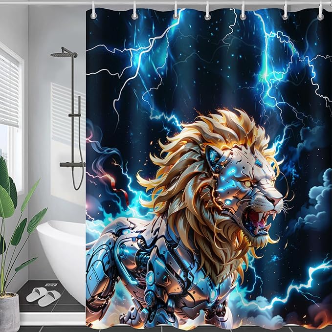 AILONEN Lion Shower Curtain,Evening Lightning Howling Lion Bath Curtain,Fierce Lion Bathroom Curtain Decor,Safari Animal Polyester Waterproof 36" W*72" H Shower Curtain Hooks