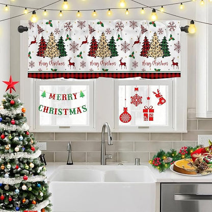 Merry Christmas Valance Kitchen Curtains for Windows,Farm Christmas Tree Buffalo Plaid Leopard Rod Pocket Window Treatments Holiday Decor Short Curtains For Bedroom/ Living Room,54" X 18" -1 Panel