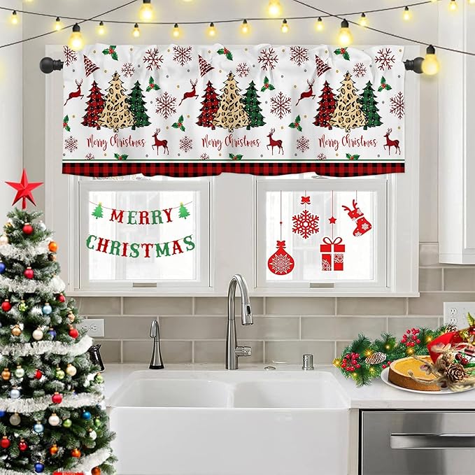 Merry Christmas Kitchen Curtains and Valances Set,Farm Christmas Tree Buffalo Plaid Leopard Window Treatments Tiers Holiday Decor Half/Short Curtains for Small Windows Cafe/Living/ Bedroom 54x24 in