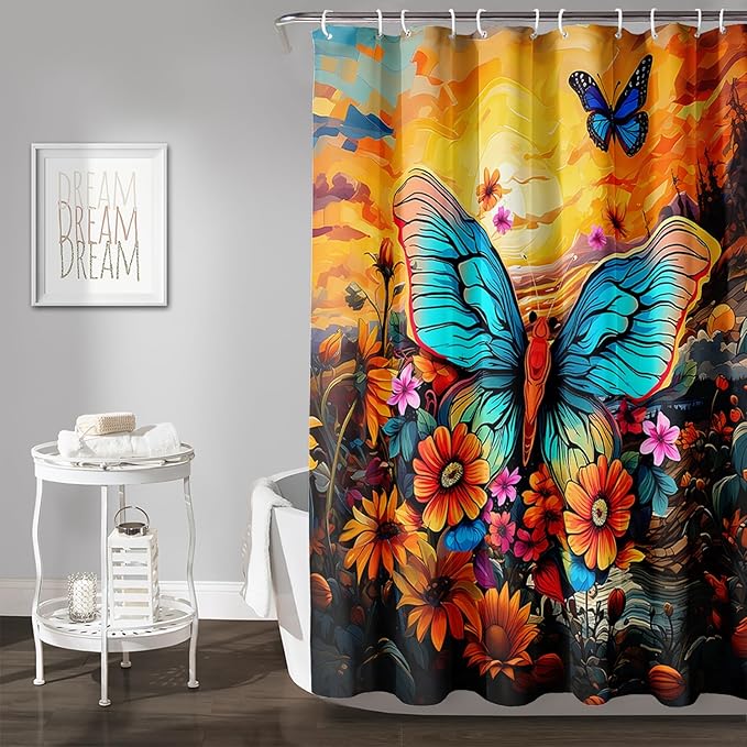 AILONEN Beautiful Butterfly Shower Curtain,Blue Butterfly with Sunflower Bath Curtain for Bathroom for Boys,Girls,Natural Plants Waterproof Fabric Shower Curtain Set with Hooks,72" W*96" H