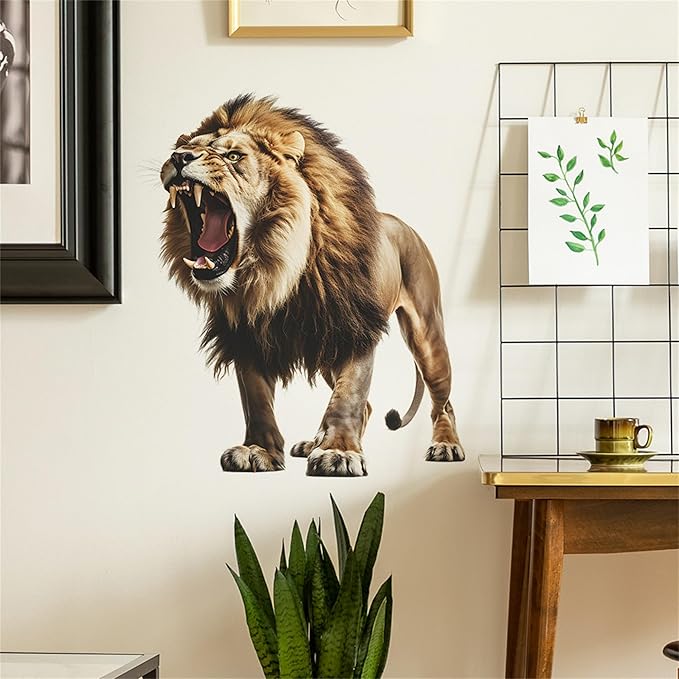 Lion Wall Decals, Vinyl Removable 3D Stickers for Bedroom Nursery Decor - Peel and Stick Cute Baby Girl Boy Toddler Kids Room Art Decoration, Woodland Forest Safari Jungle Mural Waterproof