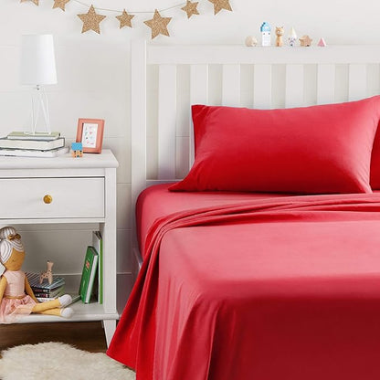 Amazon Basics Kid's Soft Easy-Wash Lightweight Microfiber 3-Piece Sheet Set, Toddler, Red, Solid