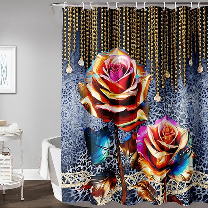 AILONEN Gold Rose Shower Curtain for Bathroom- Romantic Floral Shower Curtain -Polyester Fabric Waterproof Decoration- Plants Blue Black Leopard Flowers Bath Shower Curtains Washable, 72" W x 84" H