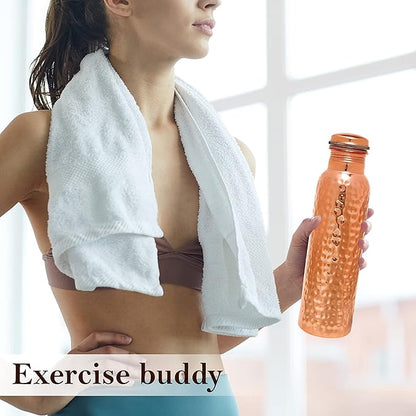 Eunoia Copper Water Bottle with Lid 32 oz, Handmade Ayurvedic Copper Bottle Water Vessel, Gym Water Bottle for Sports Exercise Yoga Fitness, Hammered Natural
