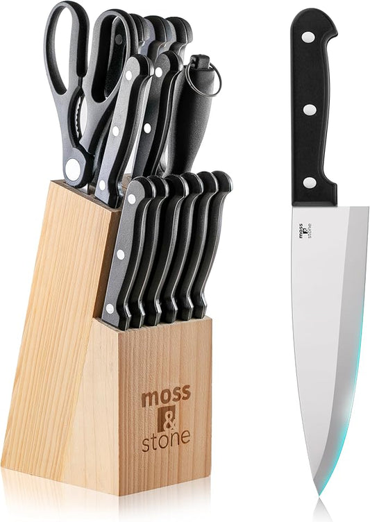 Moss & Stone 14-piece Knife Block Set, Stainless Steel Knife Set, Premium Kitchen knives Set With High-Carbon Stainless Steel Blades And Wooden Block Set, Cutlery Knife Set, 14 Pcs Kitchen Knife Set