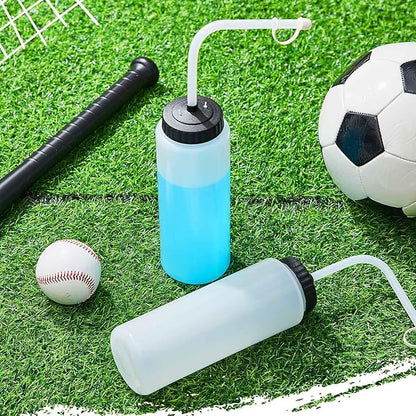Domensi 4 Pack 1 Liter Sports Water Bottle W/Long Straw Hockey Lacrosse Water Bottle with Straw BPA Free Easy Squeeze Plastic Use W/Sport Helmet in Football Baseball Gym Yoga(Translucent)