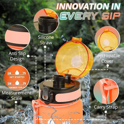 32 oz Water Bottle with Time Marker Leak-Proof & BPA Free Reusable Gym Water Bottle Easy to Carry Motivational Water Bottle for Fitness, Sports, Outdoor, Cycling, School & Office (Blue & Pink)