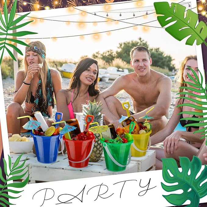 Meekoo 12 Pcs Plastic Rum Buckets for Drinks with 40 Colorful Straws Portable Cocktail Buckets Ice Cream Buckets with Handles Reusable Smoothie Bucket for Summer Bar Kitchen Multifunctional Punch Bowl