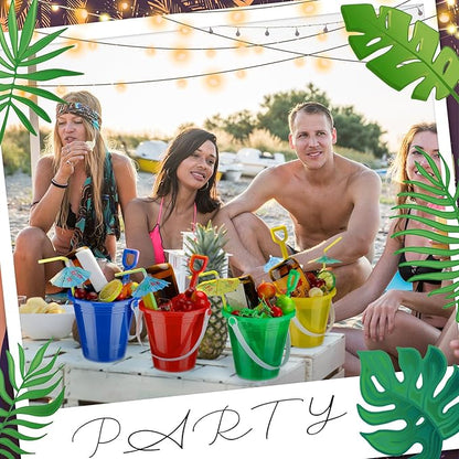 Meekoo 12 Pcs Plastic Rum Buckets for Drinks with 40 Colorful Straws Portable Cocktail Buckets Ice Cream Buckets with Handles Reusable Smoothie Bucket for Summer Bar Kitchen Multifunctional Punch Bowl