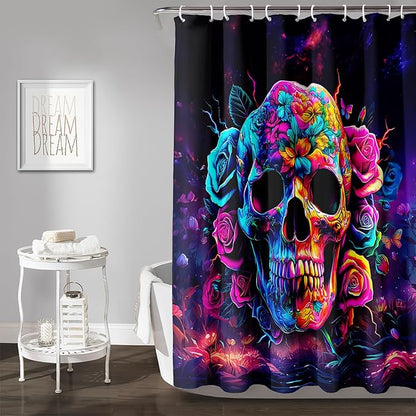 AILONEN Sugar Skull Shower Curtain for Bathroom,Romantic Rose Flower Skull Bath Curtain Decoration,Colorful Skeleton Print Waterproof Purple Curtain with 12 Plastic Hooks, 36" W*72" H