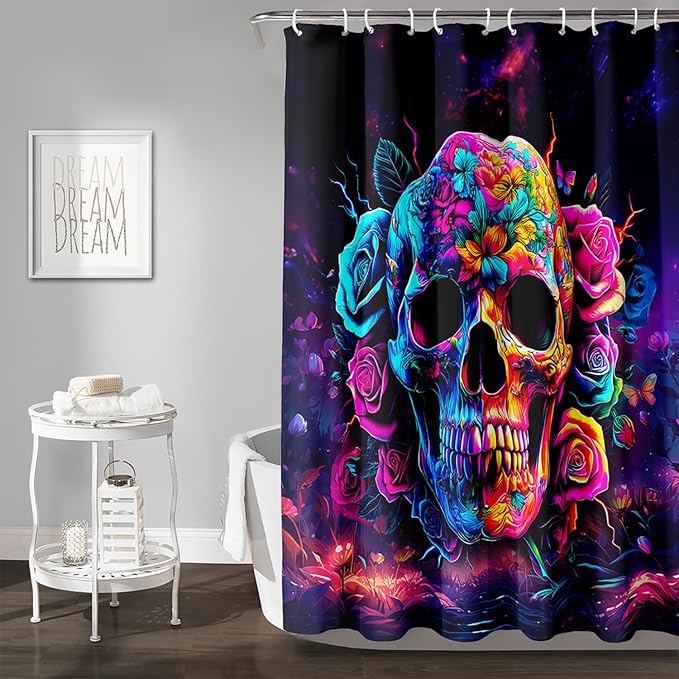 AILONEN Sugar Skull Shower Curtain for Bathroom,Romantic Rose Flower Skull Bath Curtain Decoration,Colorful Skeleton Print Waterproof Purple Curtain with 12 Plastic Hooks, 72" W*96" H