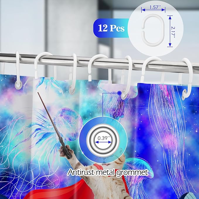 Aimego Funny Cat Shower Curtains - Cute Cat Riding Whale Shark on Space Galaxy Fantasy Jellyfish Fun Shower Curtain Set with 12 Hooks for Adults Kids Bathroom Decor Accessories, 72"x72"