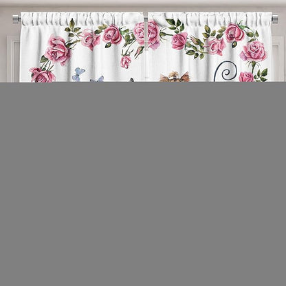 Ambesonne Yorkie Long Kitchen Curtains, Yorkshire Terrier in Pink Dress Having a Tea Party Tea Time Butterflies Roses, Two Panels Drapes with Rod Pocket Room Decor, 55" x 45", Pink White