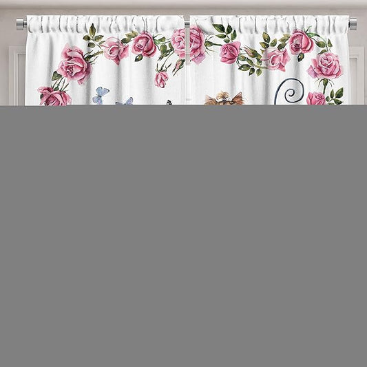 Ambesonne Yorkie Long Kitchen Curtains, Yorkshire Terrier in Pink Dress Having a Tea Party Tea Time Butterflies Roses, Two Panels Drapes with Rod Pocket Room Decor, 55" x 45", Pink White