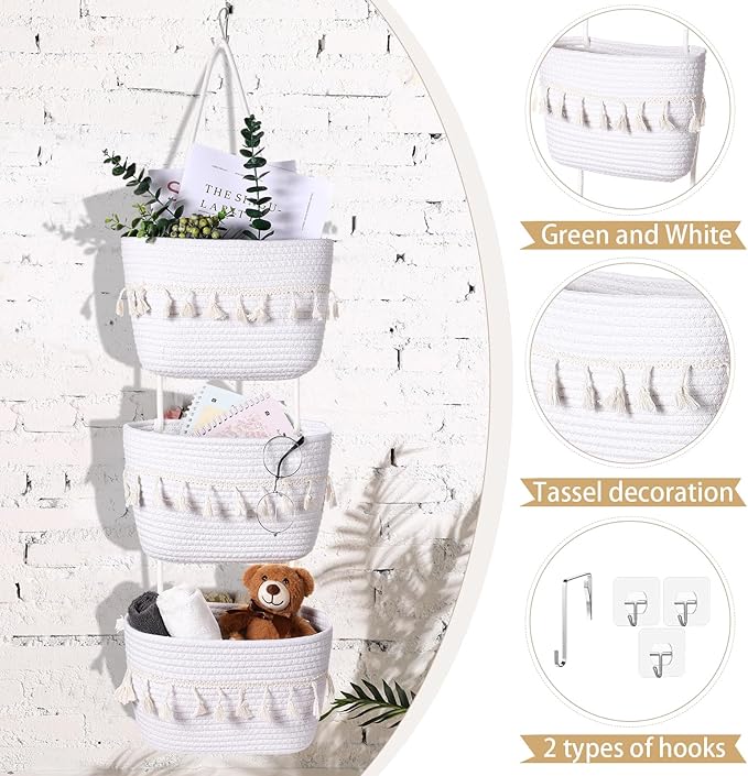 Over the Door Hanging Basket Boho Woven Wall Hanging Baskets 3-Tier Cotton Wall Mounted Storage Organizer Bag Macrame Decorative Hanging Baskets for Kitchen Laundry Room Stairs(White)