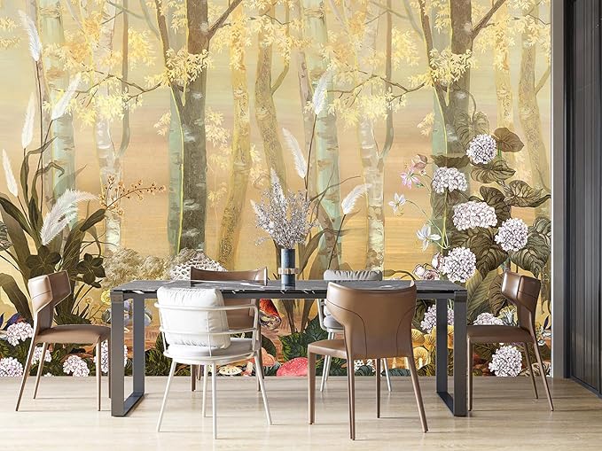 White and Gold Retro Mushroom Forest Mural Wallpaper Plant for Bedroom (Not Peel and Stick)