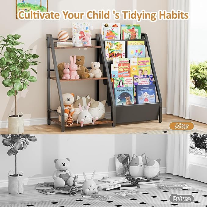 Kids Bookshelf and Toy Organizer, Book Shelf for Kids Rooms,2 in 1 Nursery Book Shelves, Toddler Bookshelf Montessori Bookshelf and Kids Book Shelf (Black)