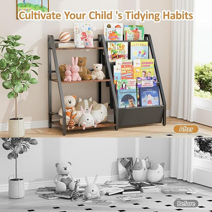 Kids Bookshelf and Toy Organizer, Book Shelf for Kids Rooms,2 in 1 Nursery Book Shelves, Toddler Bookshelf Montessori Bookshelf and Kids Book Shelf (Black)