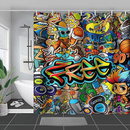 AILONEN Sport Graffiti Shower Curtain for Bathroom,Colorful Graffiti Pattern Bathroom Curtain for Kids Boys Girls,Bath Curtain 36" W*72" H Polyester Waterproof Bathroom Curtain with 12 Hooks