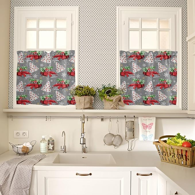 Red Truck Christmas Kitchen Curtains and Valances Set, Merry Christmas Tree Windows Treatments Tiers Half/Short Curtains for Small Windows Cafe /Living Room/ Bedroom 54x24 in Winter Snowflake Grey