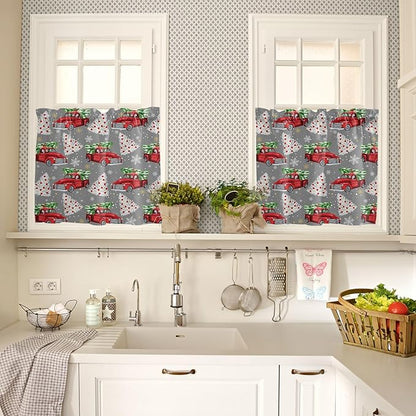 Red Truck Christmas Kitchen Curtains and Valances Set, Merry Christmas Tree Windows Treatments Tiers Half/Short Curtains for Small Windows Cafe /Living Room/ Bedroom 54x36 in Winter Snowflake Grey