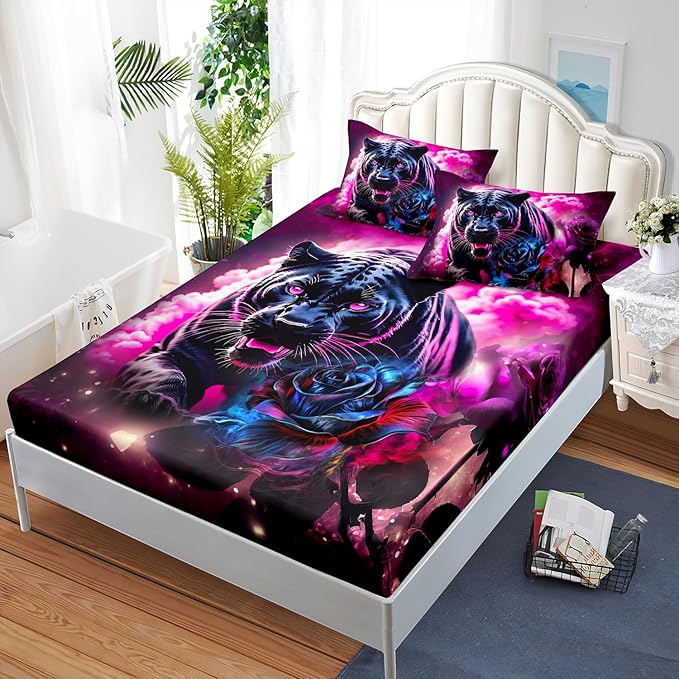 AILONEN Black Panther Fitted Sheet Set Full Size,Red Rose Romantic Smoky Lightning Leopard Print Bed Sheet Set,Safari Animal Cheetah Fitted Sheet and 2 Pillowcases,3 Pieces