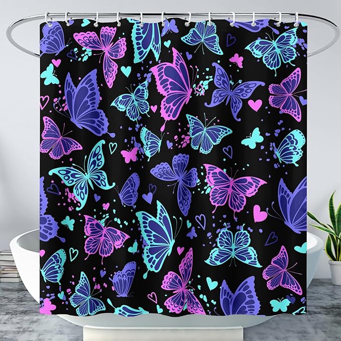 AILONEN Colorful Butterfly Shower Curtain, Butterfly Bath Curtain for Bathroom Decor,Polyester Waterproof with 12 Plastic Hooks 72" W*96" H