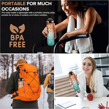 32oz Large Water Bottle with Motivational Time Marker - Sport Style with Deluxe Sip-Gulp Lid, Durable Tritan Plastic, Food Grade, Dishwasher Safe, Carry Strap (Orange-Green)