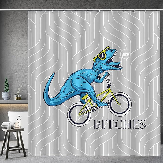 Aimego Long Funny Shower Curtain - Cute Blue Dinosaur Ride A Bike Fun Dino Fabric Cloth Bath Shower Curtain Set with 12 Hooks for Bathroom Decor Accessories Bathtub Curtain, 72"x78"
