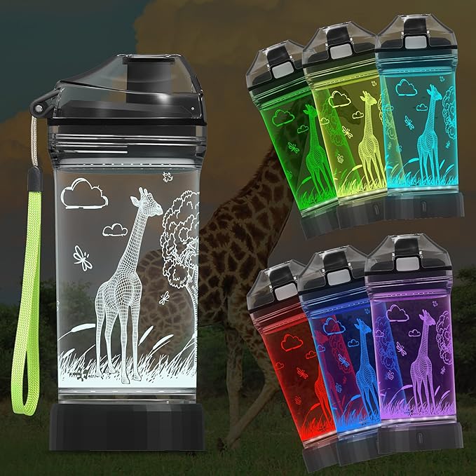 Ammonite Giraffe Kids Water Bottle with 3D Glowing LED Light - 14 OZ Tritan BPA Free - Creative Ideal Travel Cup Gift for School Kid Boy Child Holiday Camping Picnic