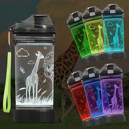 Ammonite Giraffe Kids Water Bottle with 3D Glowing LED Light - 14 OZ Tritan BPA Free - Creative Ideal Travel Cup Gift for School Kid Boy Child Holiday Camping Picnic
