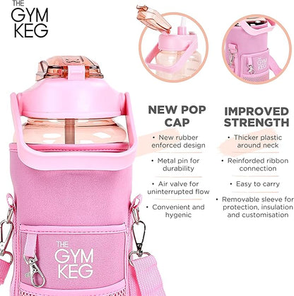 Gym Keg Water Bottle with Carrier - 74 oz Bottle Jug with Neoprene Sleeve - BPA-free & Food-Grade - Leak Proof, Durable Material - Reusable Water Jug for Workouts, Jogging, Travel, Gym - Cherry