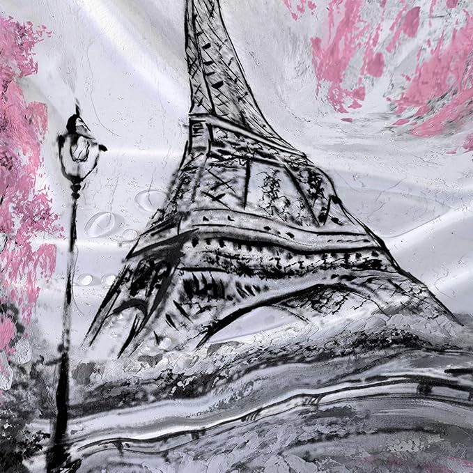 AILONEN Paris Tower Shower Curtain,Retro Gray Tower Waterproof Shower Curtain Set for Boys Kids Teens, 48" W*72" H Cherry Tree Eiffel Tower Pen Drawing Style Shower Curtains