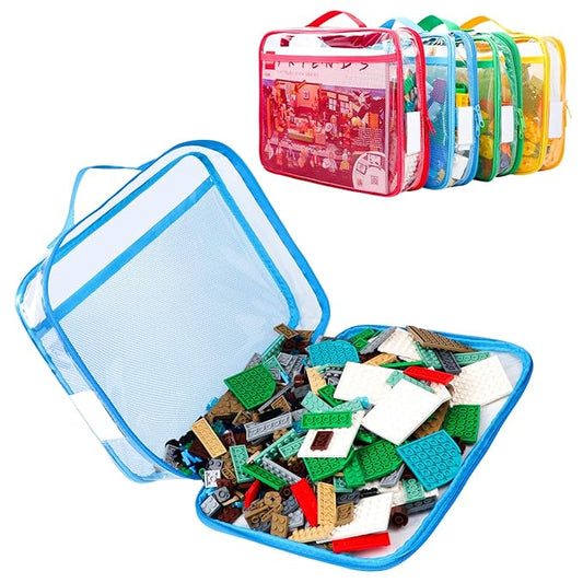 4 Pack Toy Storage Organizer Bag for Lego Bricks, Clear PVC Zippered Blocks Set with Manual Pocket& Name Tag, Waterproof Toy Carrying Case for Board Games& Building Blocks (Large, Colorful)