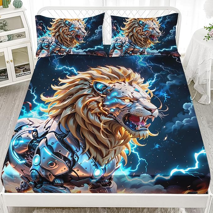 AILONEN Boys Lion Fitted Sheet Set Twin XL Size, Safari Animal Lion Blue Lightning 3 Pieces Printed Kids Bed Sheet Set,Wildlife Fitted Sheet with 2 Pillowcases