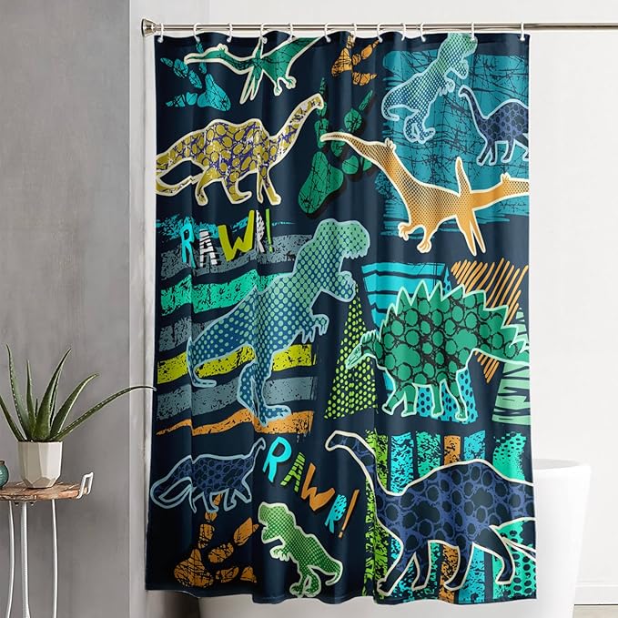 AILONEN Boys Dinosaur Shower Curtain 48" W*72" H for Bathroom,Cartoon Dinosaur Bathroom Shower for Kids Boys,Retro Blue Dinosaur Print Bath Curtain Polyester Waterproof Bathroom Curtain with 12 Hooks