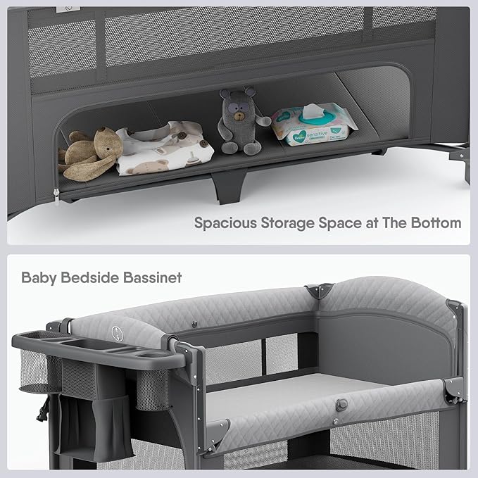 4 in 1 Baby Bassinet, Pack and Play, Bedside Crib Sleeper, Diaper Changer - Comes with Mattress, Mosquito Net，Bottom Storage and Toy Bar for Newborn to Toddles