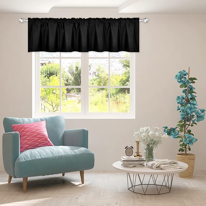 Black Extra Wide Valance for Windows 100x18 Inch Solid Thermal Insulated Blackout Rod Pocket Kitchen Short Curtain Toppers Extra Wide Valance for Bathroom Living Room 1 Panel