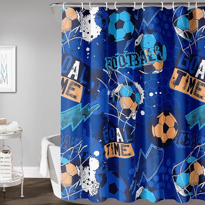AILONEN Boys Sports Shower Curtain 72" W*72" H Soccer Bath Curtain Football Soccer Ball Printed Shower Curtain Boys Kids Teen Bathroom Curtain Decor Polyester Waterproof Curtain with 12 Hooks