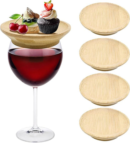 4PCS Wine Glass Charcuterie Topper, Bamboo Wine Glass Topper Coasters Plate, Charcuterie Wine Glass Topper, Prevent Red Wine Spills for Family Gatherings, Restaurants, Bars