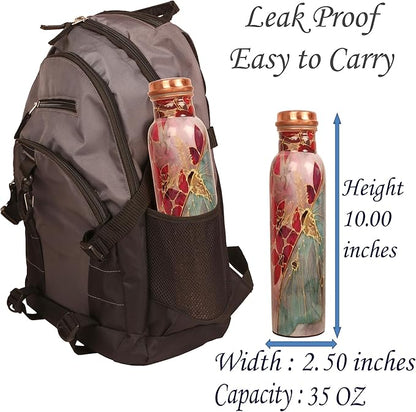 Pure Copper Water Bottle - Handcrafted - Ayurveda Health Benefits - Large 35 oz - Leak proof - Easy to carry for Sports, Fitness, Yoga, School - Textured Red Floral Patterns
