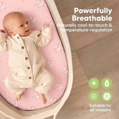 2-Pack Baby Bassinet Sheets Girl, Boy - Viscose Derived from Bamboo Fitted Bassinet Sheets Compatible with Halo Bassinest Swivel Sleeper, Baby Delight,Graco Bedside Bassinet Mattress Sheet (Dreamland)