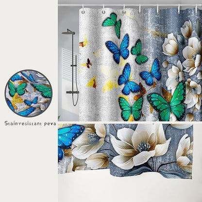 AILONEN Colorful Butterfly Shower Curtain for Girls Women Retro Flower Butterfly Bathroom Decor,Flying Butterfly Vintage Bath Curtain 60" W*72" H Polyester Waterproof Bathroom Curtain with 12 Hooks