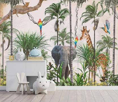 3D Safari Wallpaper Tropical Jungle and Animals Plant Wallpaper Mural for Bedroom Kids Room (Not Peel and Stick)