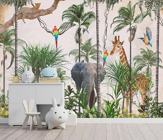 3D Safari Wallpaper Tropical Jungle and Animals Plant Wallpaper Mural for Bedroom Kids Room (Not Peel and Stick)