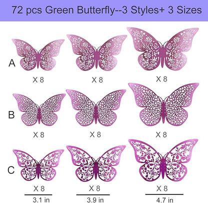 72Pcs 3D Butterfly Wall Decor 3 Sizes 3 Styles, Removable Butterfly Stickers Wall Decals, Butterfly Decorations Party Birthday Cake Decoration for Kids Nursery Wedding Bedroom Room(Purple)